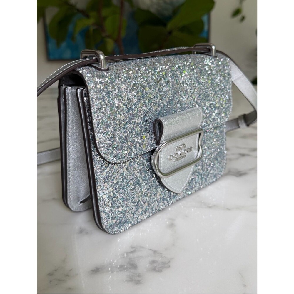 Coach Morgan Square Crossbody Shoulder Bag in Silver Glitter Leather CO925 - Picture 3 of 16